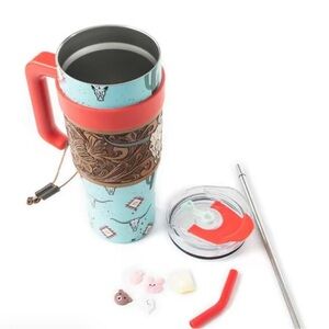 Western Themed Travel Mug with Red and Turquoise Design